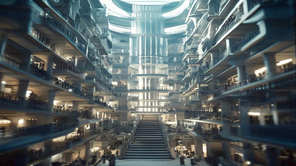 Inside Enterprise: a monumental atrium with tiered galleries around a central column of light.