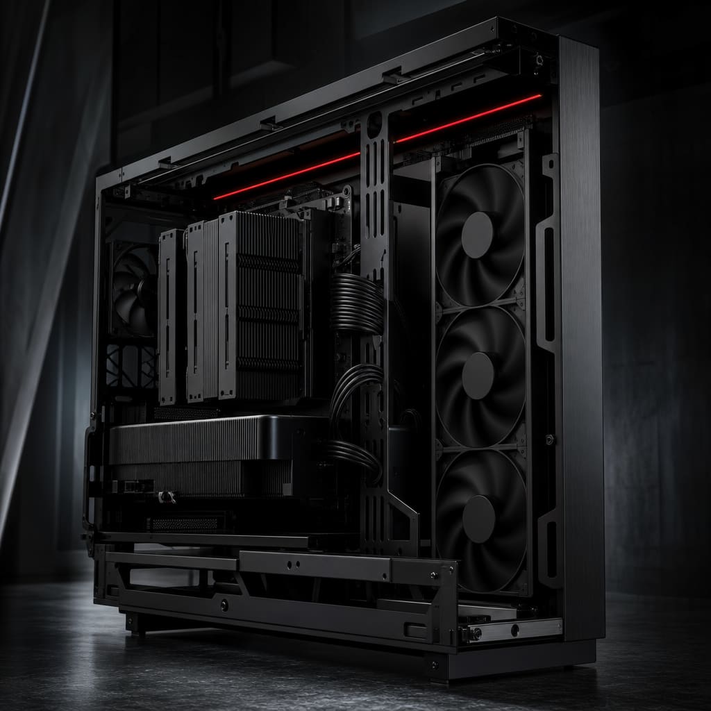An open matte-black PC chassis with a large finned heatsink, unlit fans and a red line along the internal rail