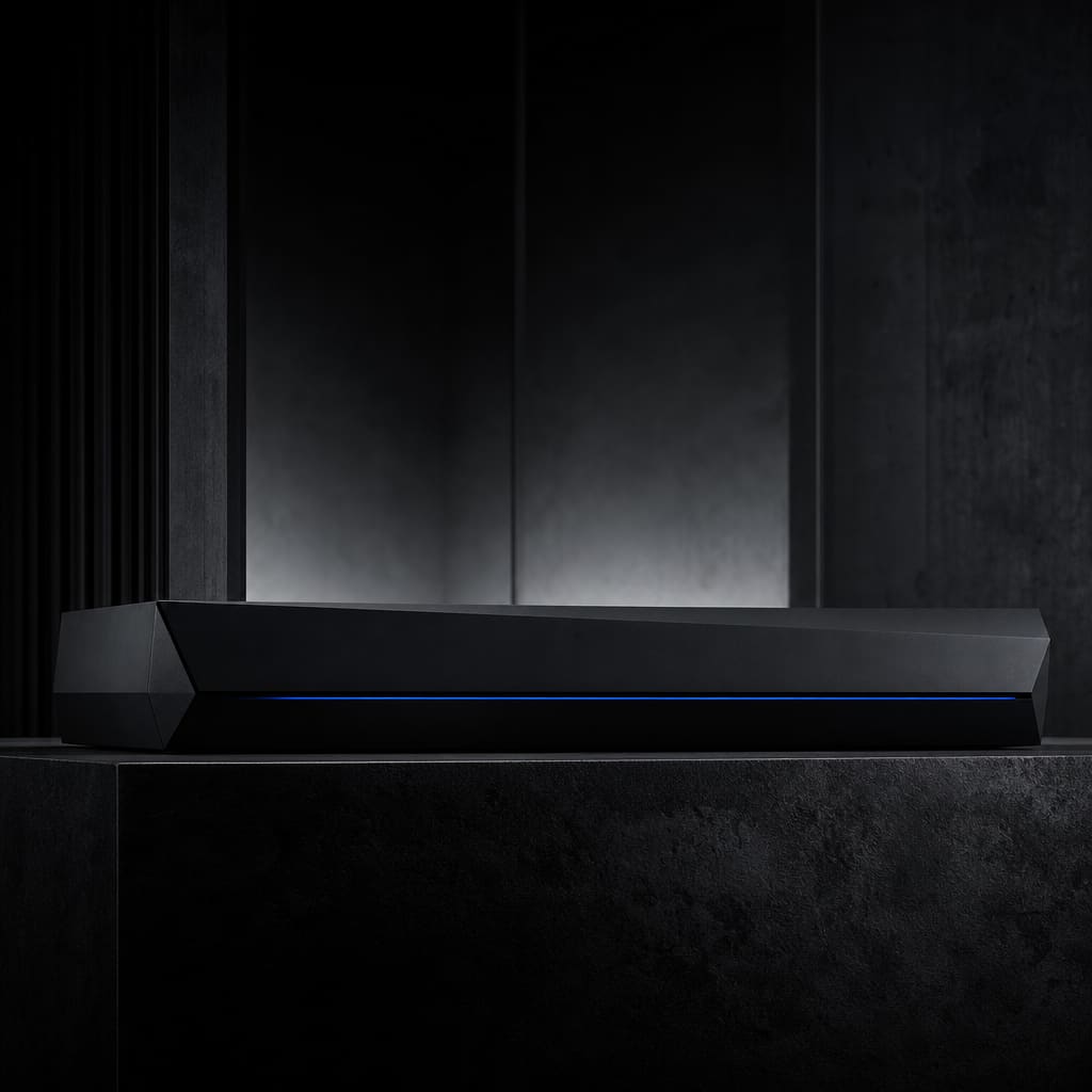 A long low sculpted matte-black slab on a plinth with a blue seam of light across its front edge
