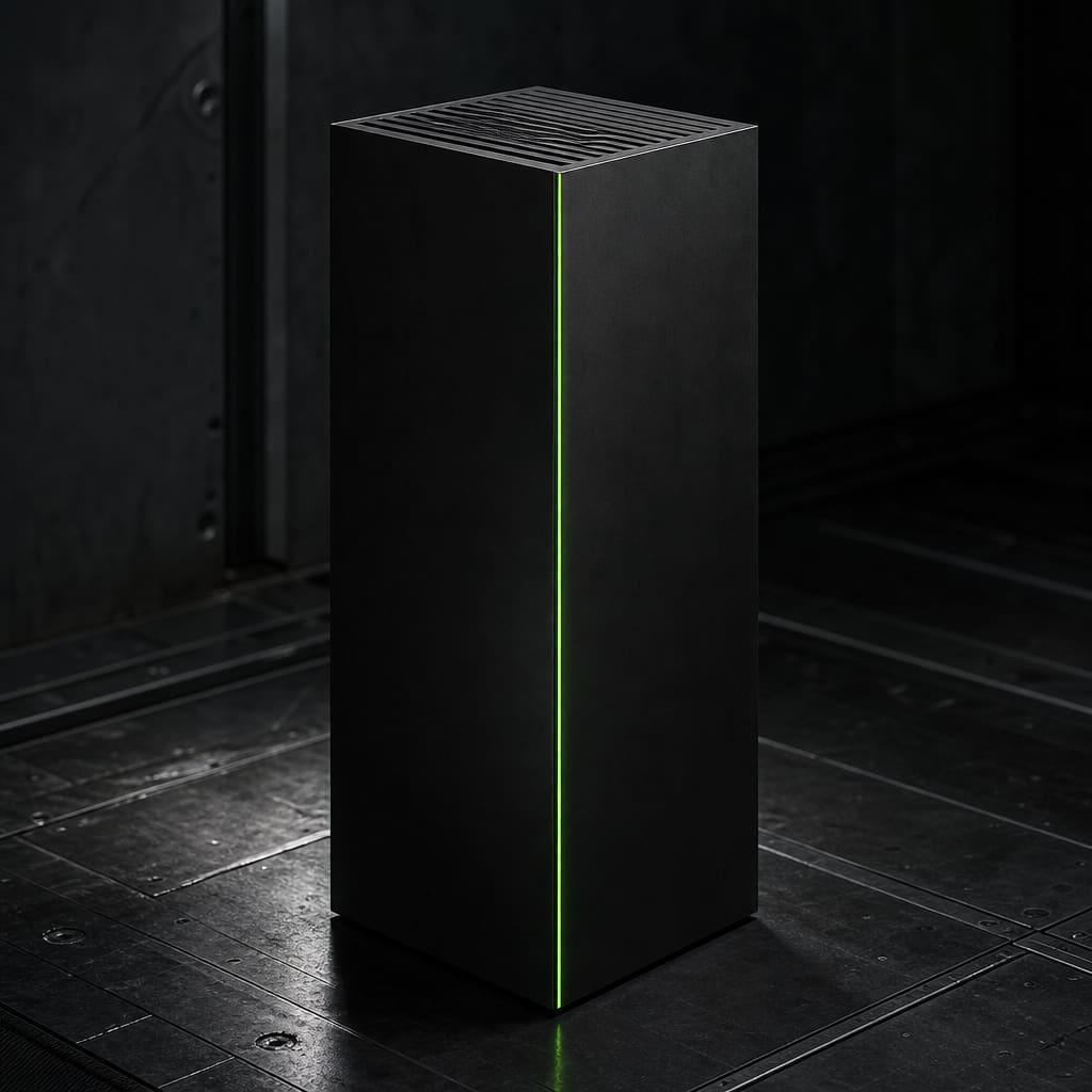 A monolithic matte-black machined tower with a single green line of light down one edge